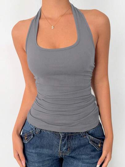 Almamuse Skin-Friendly U-Neck Spaghetti Strap Crop Top, Vintage Sexy Fitted Backless Structured Yoga Outerwear Tank Top, Spring/Summer New Women's Sleeveless Elastic Tight Spaghetti Strap Fitted Top, American Sexy Spaghetti Strap Big Teardrop Neck Tank Top For Women, Layering Or Outerwear, Black