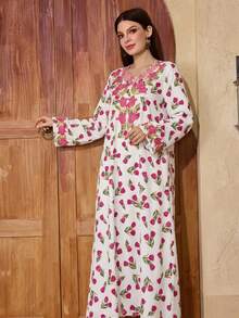 Al Najma Women's V-Neck Floral Print Casual Modest Party & Outing Arabic Style Dress - Multicolor - View 1