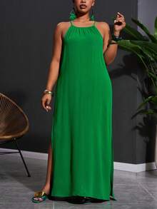 Slaydiva Plus Size Sage Green Summer Boho Beach Holiday Dress,Sleeveless High Slit Sides Wrap Yacht Dress,Women's Casual Cruise Travel Wedding Guest Outfits - Green - View 9