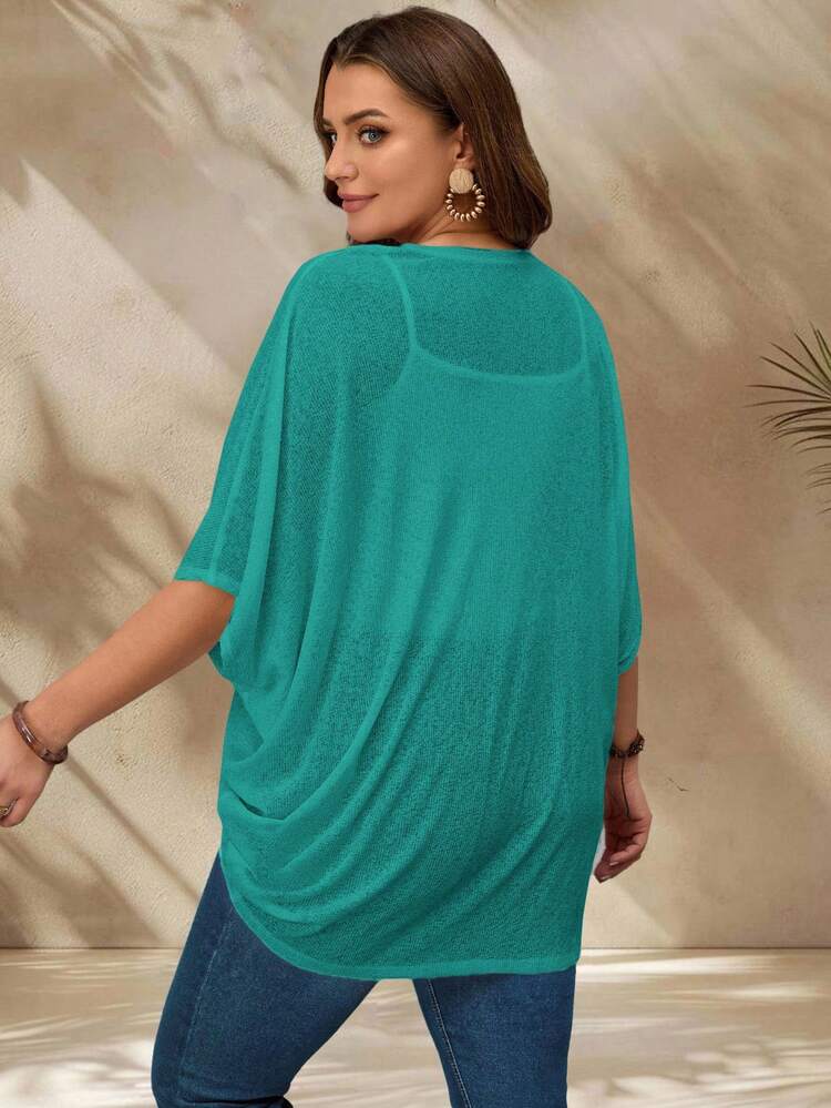 Plus Size Vacation Solid Color Asymmetric Hem Batwing Sleeve Casual Jacket,Spring/Summer Plus Size Cardigan