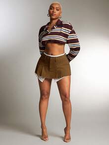 Denimoi 仿衬衫层叠超短迷你裙性感时尚裙 - 棕色 - 查看 3