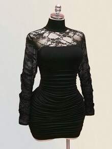 SHEIN ICON 大码女式时尚蕾丝拼接荷叶边迷你连衣裙 - 黑色 - 查看 6