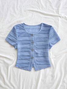 Soleia Áo nữ tay ngắn màu trơn cài cúc phía trước, dáng rộng, thích hợp cho tiệc tùng, hẹn hò, mặc nhiều lớp, phong cách thường ngày. - Màu xanh lam - Xem 3