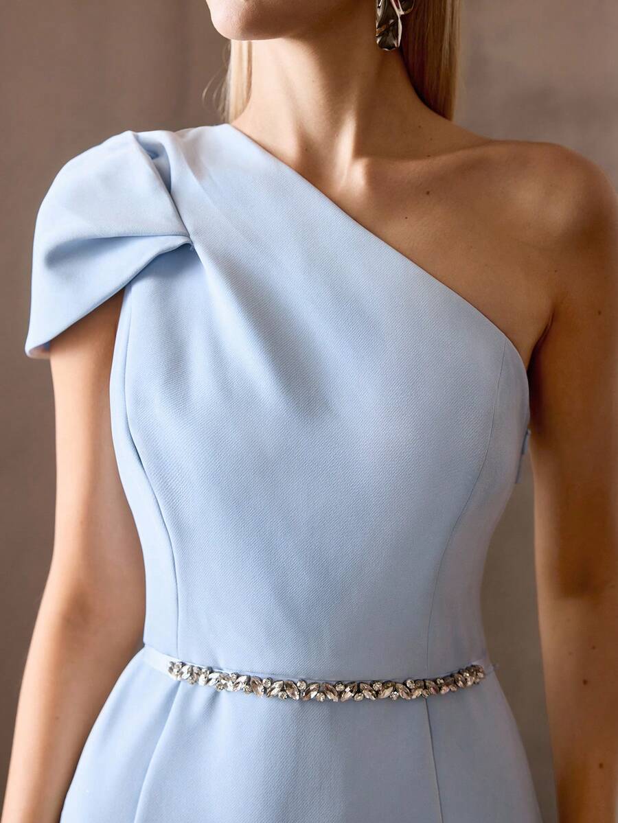 MOTF Soiréza 女士优雅不对称肩部鱼尾长裙 - 藍色 - 查看 2