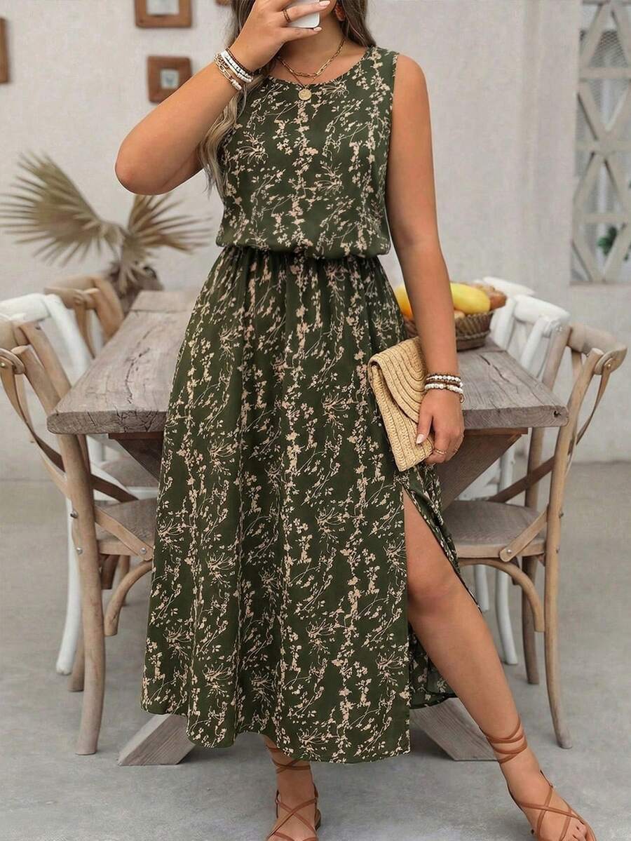 EMERY ROSE Đầm cỡ lớn họa tiết hoa nhí cổ tròn, kiểu dáng thường ngày, xẻ tà, thích hợp đi làm. - màu xanh lá - Xem 1