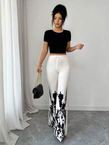 Rafferiza Women's Floral Print Drawstring Waist Casual Versatile Wide Leg Pants, Suitable For Daily Wear - Black - View 5