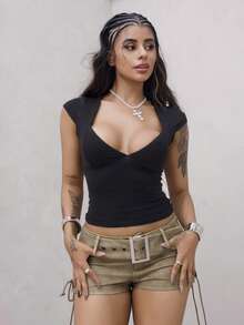 女士时尚交叉侧腰带短裤，夏季 - 軍綠色 - 查看 4