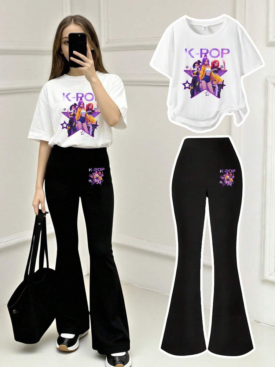 2pcs/Set Tween Girl K-Pop Idol Print Crew Neck Short Sleeve T-Shirt & Black Flare Pants Outfit - Black and White - View 1