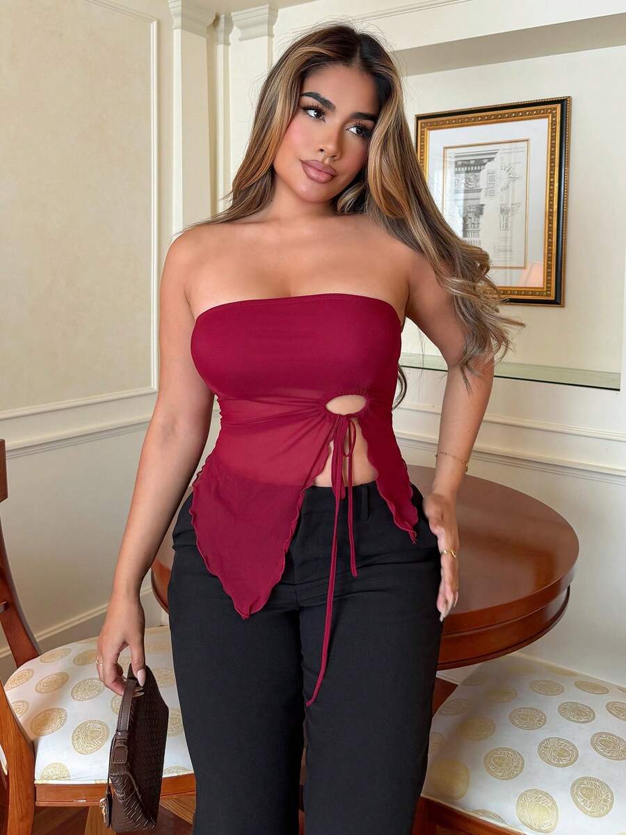 Maria Perezxox 束邊不對稱裙擺背心上衣 - 酒紅色 - 查看 1