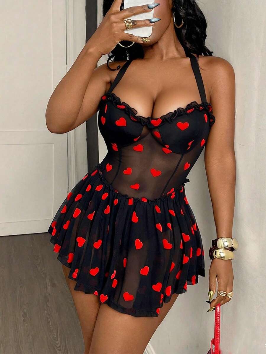 BamGleam Women's Sexy Mesh Sheer Heart Print Halter Mini Dress, Summer - Multicolor - View 1