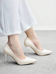 CUCCOO BIZCHIC Women Shoes Beige Pointed Crystal Transparent Heel Stylish Simple Sexy Elegant Office Workers Daily Versatile Commuter Women's High Heels Shoes Women's Shoes Valentine's Day - Off-white - View 4
