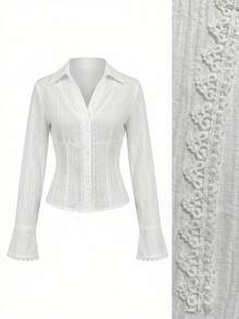 Elamini Women's Lace Patchwork V-Neck Elegant Commuter Flared Long Sleeve Cotton Shirt - White - View 2