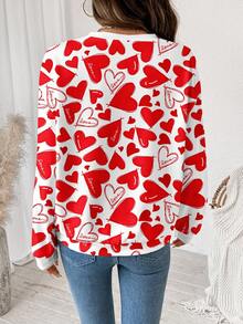 SHEIN LUNE Casual Minimalist Valentine's Day Atmosphere Heart Print Round Neck Loose Fit Women Sweatshirt, Suitable For Outings, Family Wear, Sisters Matching, Chic, Commuting, Weddings, Parties - Multicolor - View 2