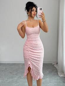 Elenzga New Arrival Elegant Sexy French Style Textured Jacquard Design Spaghetti Strap Backless Fitted Bodycon Mini Dress With Frill Trim For Women - Pink - View 4