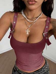 StreetHx Women's Fashion Square Neck Adjustable Strap Camisole Tank Top, Summer - Maroon - View 5