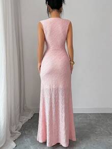 Elenzga 女士优雅复古风修身长连衣裙，粉色针织纹理褶皱金属装饰，春夏款 - 粉色 - 查看 2