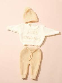 SHEIN 3件套婴儿医院入院公告服，适合1-3个月宝宝，针织上衣和裤子，含帽子，新生儿拍照道具，中性婴儿回家服 - 黃色 - 查看 7