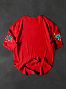 PAVTROS Men's Casual Fashionable Street Numeric, Letter & Star Print Short Sleeve Red T-Shirt, Summer - Red - View 2