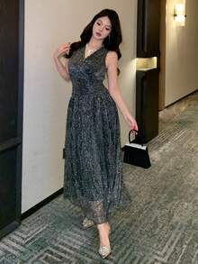 DAZY 女士无袖V领亮片装饰中长连衣裙 - 銀色 - 查看 3