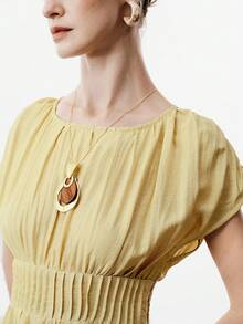 Aalyst Women's Linen Twill Round Neck Dropped Shoulder Pleated Waist A-Line Adjustable Hem Short Sleeve Midi Dress, Elegant French Retro Commuting Business Vacation Casual Street Style Minimalist Versatile, Spring/Summer New - Light Yellow - View 1