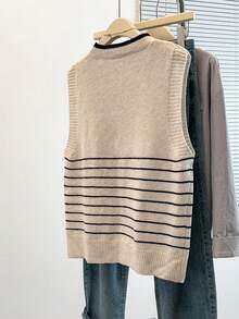 GlowEve CURVE Women's Elegant Sleeveless Striped Loose Knit Tank Top, Slimming Plus Size Sweater Vest, Casual Outerwear For Spring/Summer - Apricot - View 2