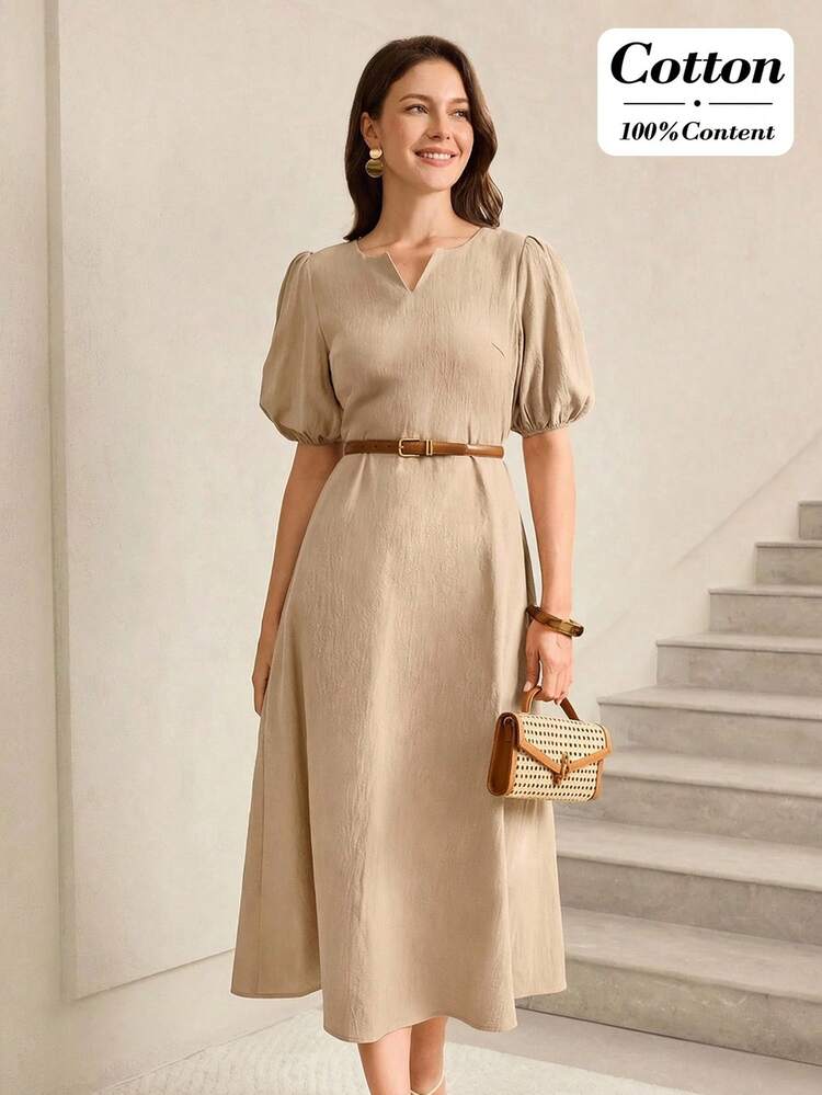 This Women's Summer Vacation Dress Features A Soft Light Brown Base, With A Comfortable, Breathable, And Relaxed Texture. The Minimalist Solid Color Design Exudes A Gentle And Understated Elegance. The Silhouette Includes A Small V-Neck, Puff Sleeves, And An A-Line Maxi Skirt. The Fabric Is Skin-Friendly And Breathable, While The Flared Sleeves Add A Touch Of French Vacation Style. Perfect For Summer, This Dress Is Suitable For Beach Vacations, Outdoor Picnics, Or City Strolls. The Light Brown Base Conveys A Gentle Style While The Fabric Ensures Comfort, Making It A Versatile And Stylish Choice For Your Vacation Wardrobe.