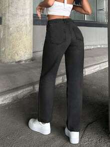 SHEIN PETITE 100%纯棉女式低腰直筒蓝色牛仔裤 - 黑色 - 查看 2