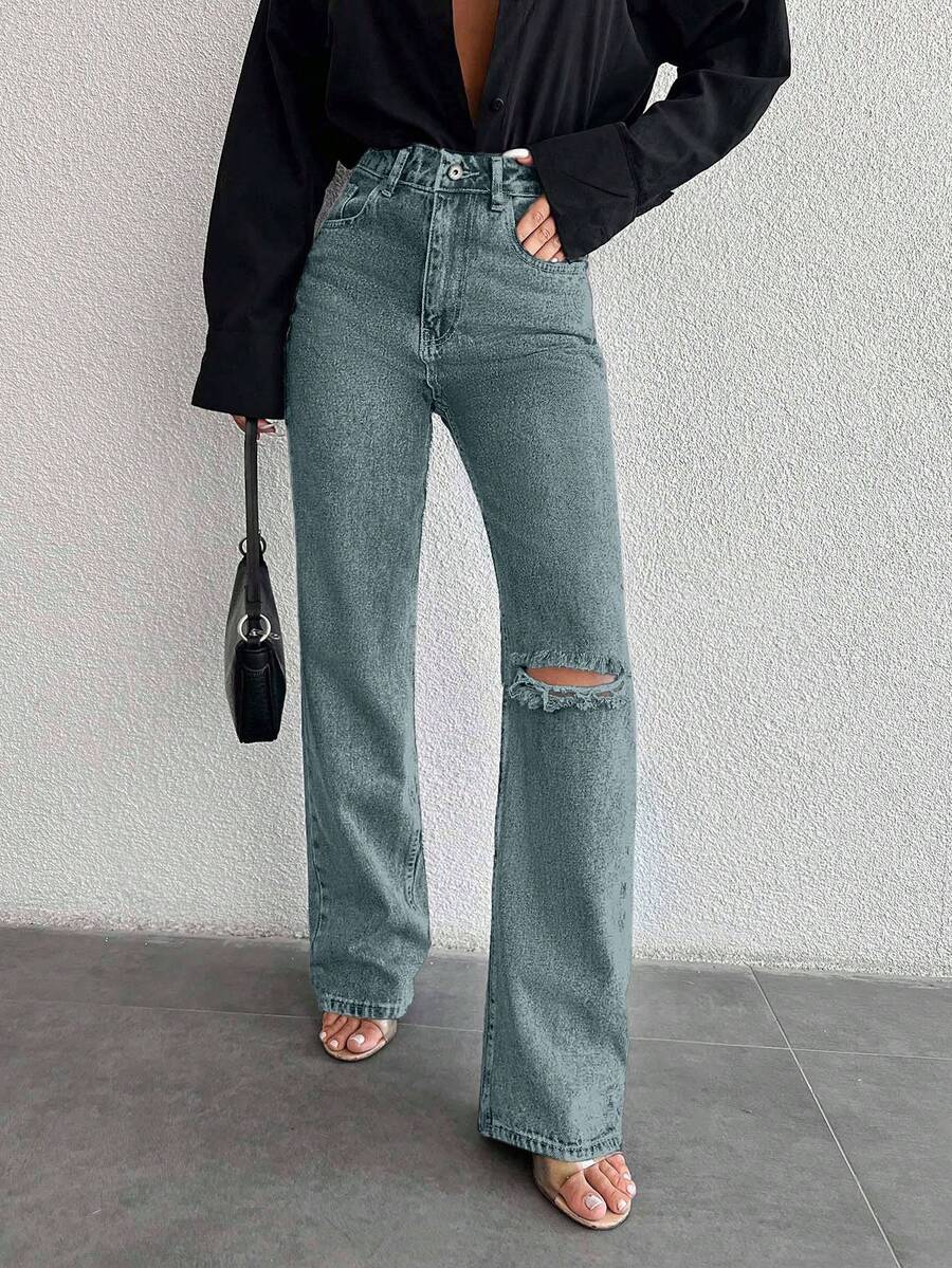 EURMUSE Women's Casual Everyday Wear Distressed Button Pocket Denim Jeans - Light Wash - View 1