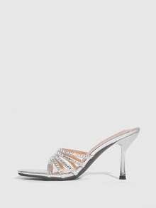 CUCCOO SZL Women's Square Toe Silver Elegant High Heel Slide Sandals, Suitable For Party Occasions - Silver - View 9