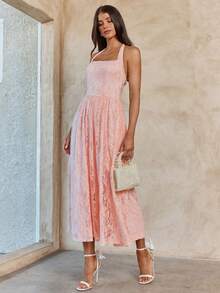 Enchnt Spring/Summer Romantic Women's Pink Sexy Halter Princess Lace Maxi Dress,Sweet&Elegant For Vacation&Date&Holiday&Going Out&Valentine's Day,Spring Outfit Women ,Summer Dress - Pink - View 4