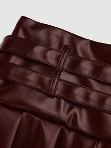 Sweetra Chân váy mini xếp ly chữ A bằng da PU cỡ lớn dành cho nữ, kiểu dáng học sinh. - Màu Đỏ Sâu - Xem 6