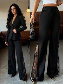 SHEIN Elenzya Quần nữ dáng ôm, cạp chun phối ren, thanh lịch, thích hợp cho kỳ nghỉ, dạo phố, đi làm, công sở, thời trang, du lịch, hẹn hò, phong cách đường phố Pháp, cổ điển, màu đen, mẫu mới cho đầu xuân/hè. - màu đen - Xem 1