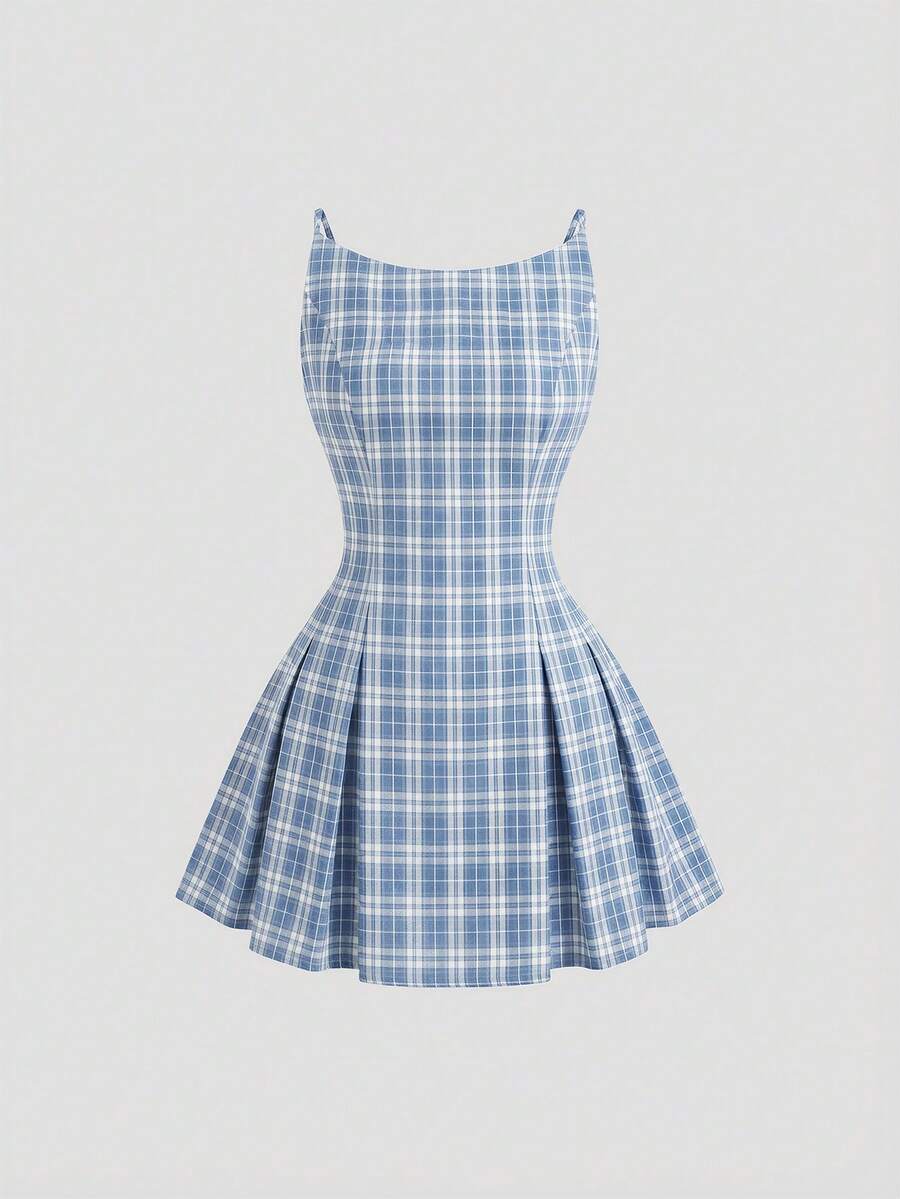 Sweetra Elegant Plaid Pleated Waist Mini Dress - Blue - View 1