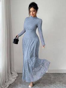 Modelyn 女士法式高领蕾丝收腰连衣裙 - 藍色 - 查看 3