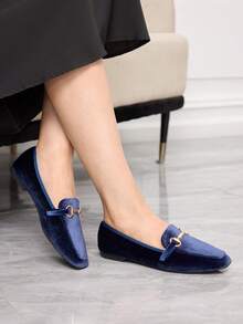 Sleekvia Women's Classic Suede Navy Blue And Gold Button Flat Loafers, Commuter Shoes - Royal Blue - View 4