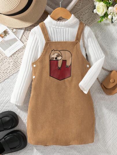 2pcs Girls Turtleneck Knitted Thermal Top And Sloth Print Corduroy Suspender Skirt Set