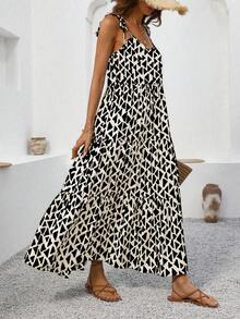 Breezaya 夏季度假印花无肩带无袖长连衣裙，女士沙滩度假装 - 黑色 - 查看 3
