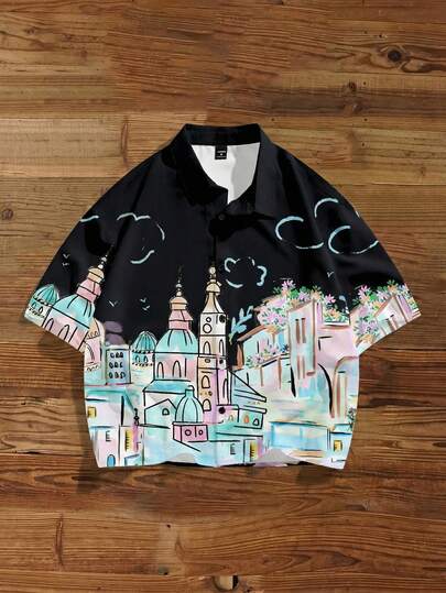 Manfinity Joysei Men's Floral & Cartoon Print Casual Short Sleeve Collared Button-Down Shirt