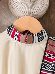 SHEIN Baby Girl Print Puff Sleeve Dress With Shawl Collar, Elegant Casual Vacation Dress For Spring/Autumn - Beige - View 3