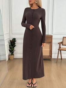 Easowa Autumn/Winter Casual Bodycon Dress, Button-Up Long Sleeve Black Dress For Women - Purple - View 4