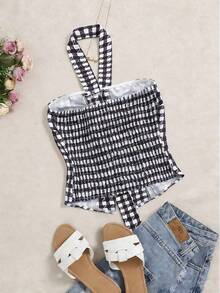 Lyxana Elegant 3D Floral Design Casual Plaid Shirt For Women - Black and White - View 2
