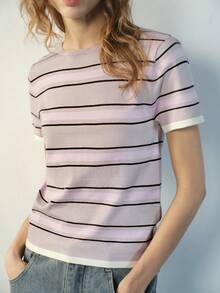 Maija Crew Neck Raglan Short Sleeve Striped Casual Loose Knit Sweater, Summer - Multicolor - View 6