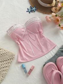 Elamini Women's Cute Sweet Strapless Bow Lace Trim Fitted Crop Top, Spring/Summer - Baby Pink - View 7