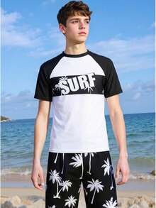 SHEIN Teenager Jungen Zweiteiler Badeanzug Set, Teenager Jungen bedruckter Badeanzug für Strand und Surfen - Schwarz und Weiss - Übersicht 3