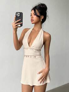 Aloruh 女士夏季波西米亚风编织吊带贝壳流苏装饰迷你连衣裙，性感露背挂脖A字迷你连衣裙，纯杏色，适合音乐节、海滩度假、日常约会、浪漫约会等场合，性感度假风波西米亚露背贝壳饰边杏色女装 - 米色 - 查看 9