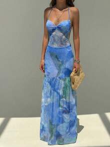 Vestido con estampado floral romántico con tirantes de espagueti y espalda abierta, adecuado para citas, vacaciones, primavera/verano - Azul - Ver 3