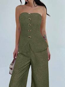 Firerie Women's Elegant Minimalist Metal Button Camisole Top And High Waist Wide Leg Khaki Pants 2 Piece Set, Suitable For Commuting, Casual, Vacation Pants Suit - Army Green - View 3