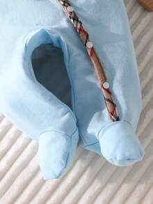 4pcs Baby Romper Set, White With Plaid Drawstring Design, Includes Matching Swaddle Blanket, Hat And Bib - Baby Blue - View 5