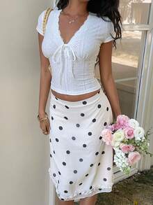 SHEIN EZwear Summer Women's White Lace Patchwork V-Neck Twist Front Fitted T-Shirt - White - View 6