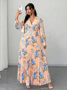 Elenzga 大码女式春夏度假、优雅浪漫派对、婚礼宾客碎花长袖V领褶皱飘逸长裙 - 粉色 - 查看 1